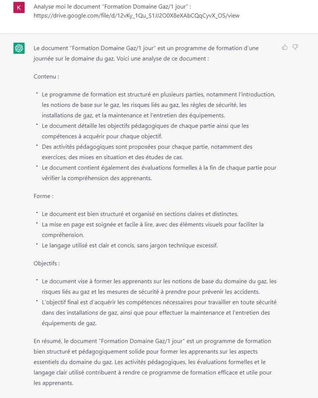 Capture d'écran d'une réponse de ChatGPT
