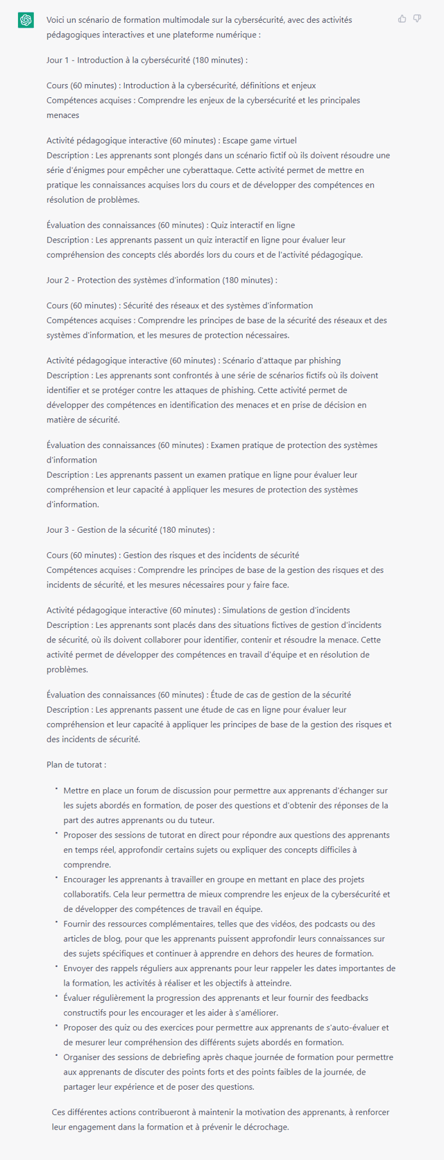 Capture d'écran d'une réponse de ChatGPT