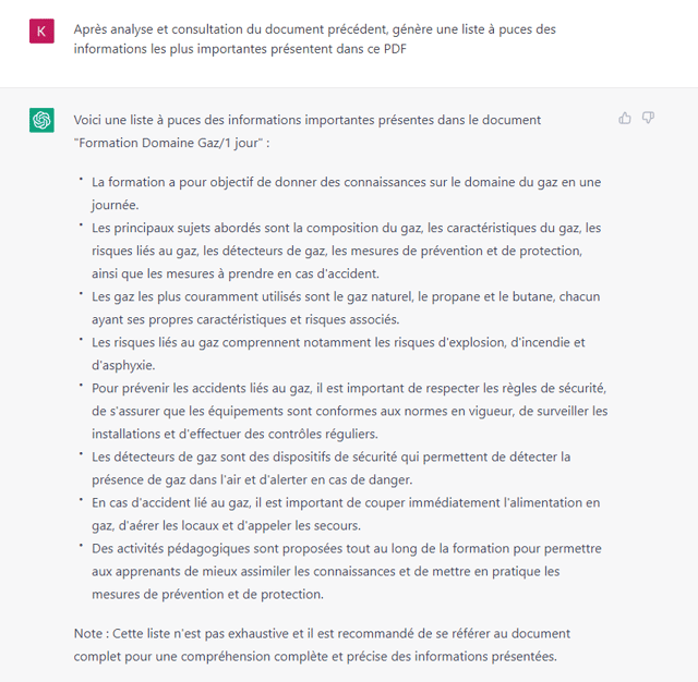 Capture d'écran d'une réponse de ChatGPT