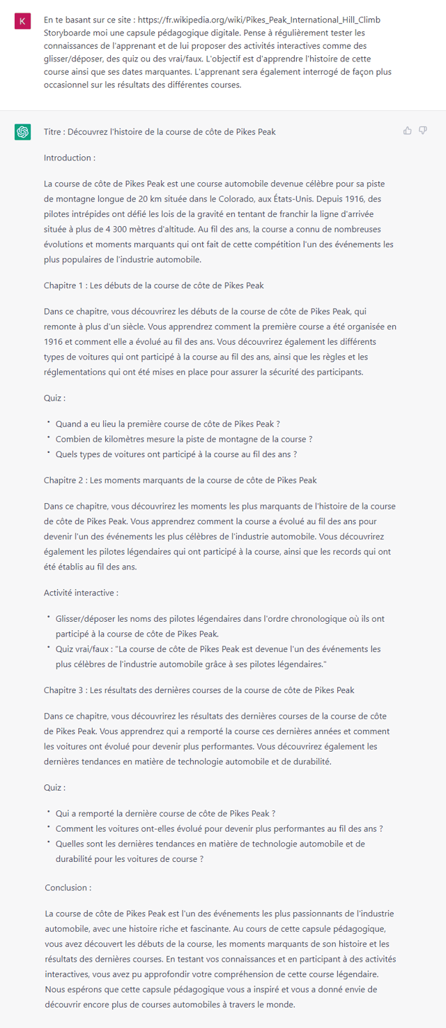 Capture d'écran d'une réponse de ChatGPT