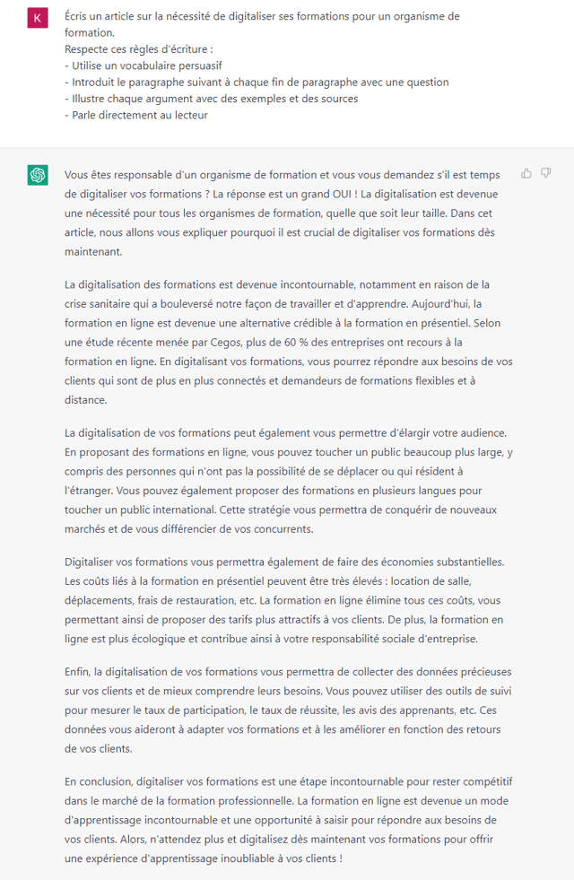 Capture d'écran d'une réponse de ChatGPT