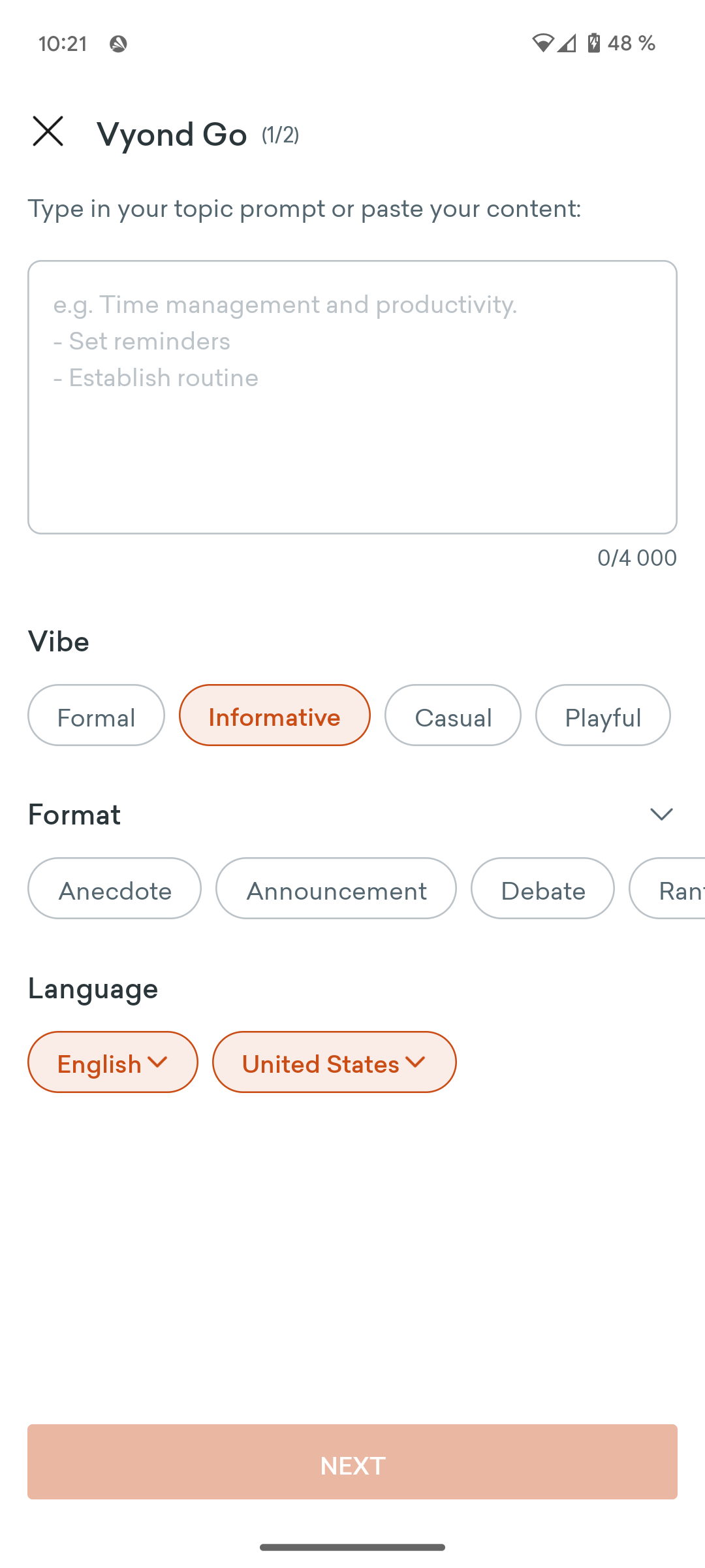 Capture d'écran de l'interface de Vyond Go
