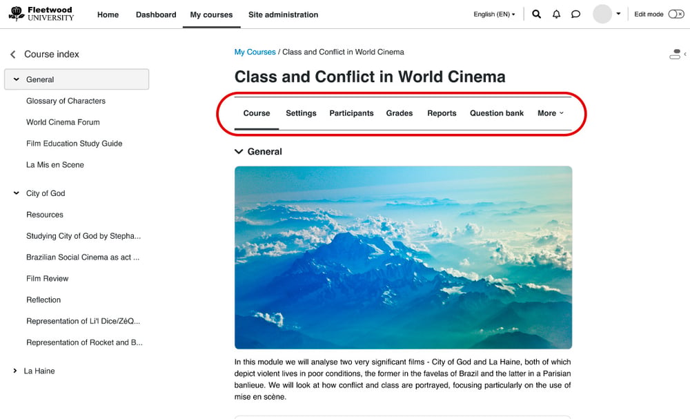 Capture d'écran du nouveau menu secondaire de Moodle 4.0 sur la plateforme de Fleetwood University