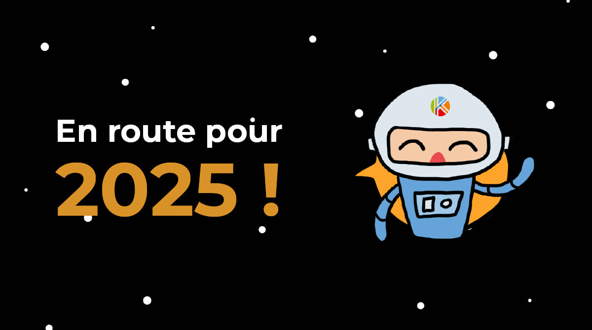 Un astronaute Kawalearn fait un salut. Un texte marque 